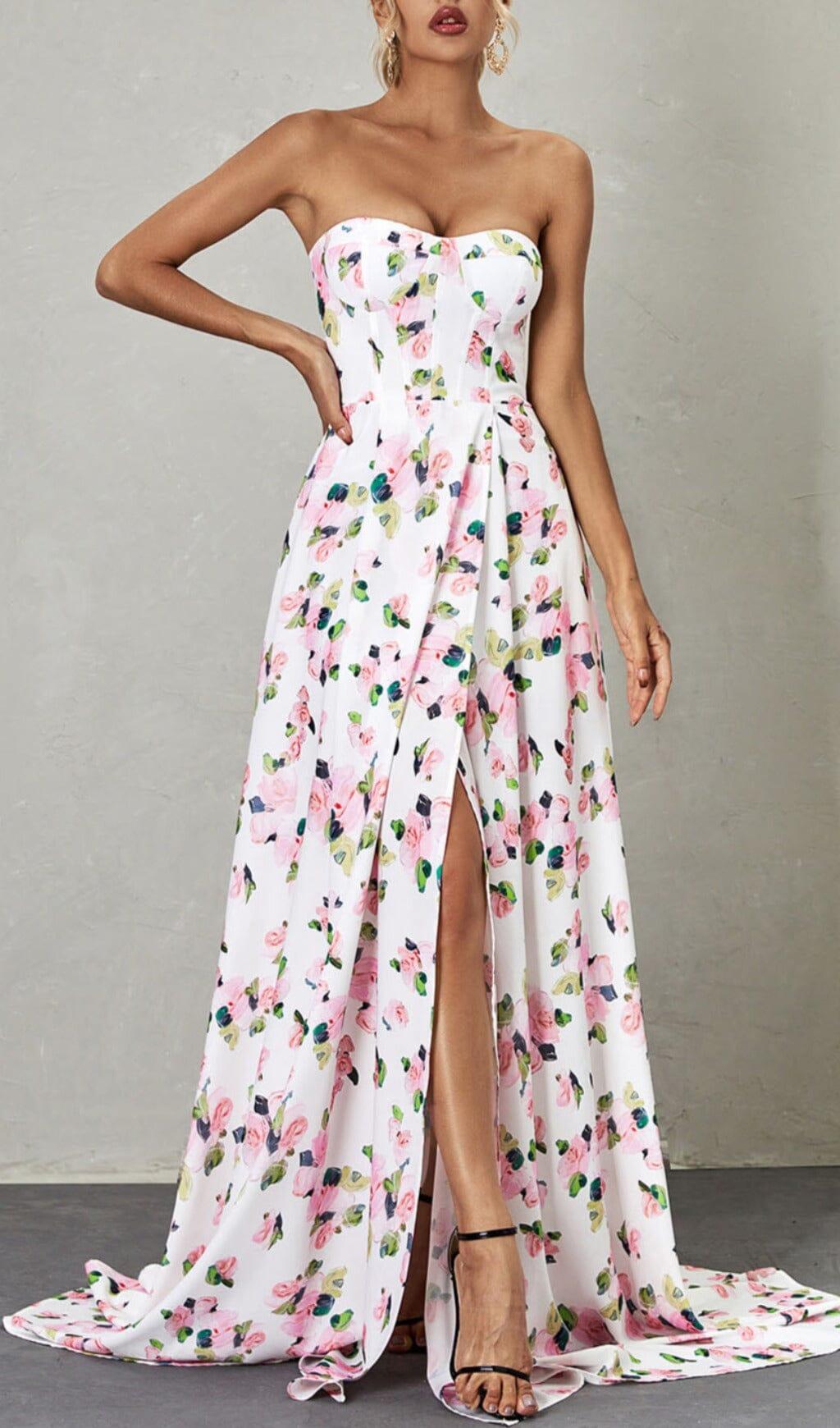 STRAPLESS FLORAL SPLIT MAXI DRESS