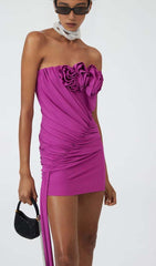 STRAPLESS RUCHED MINI DRESS IN ROSE RED