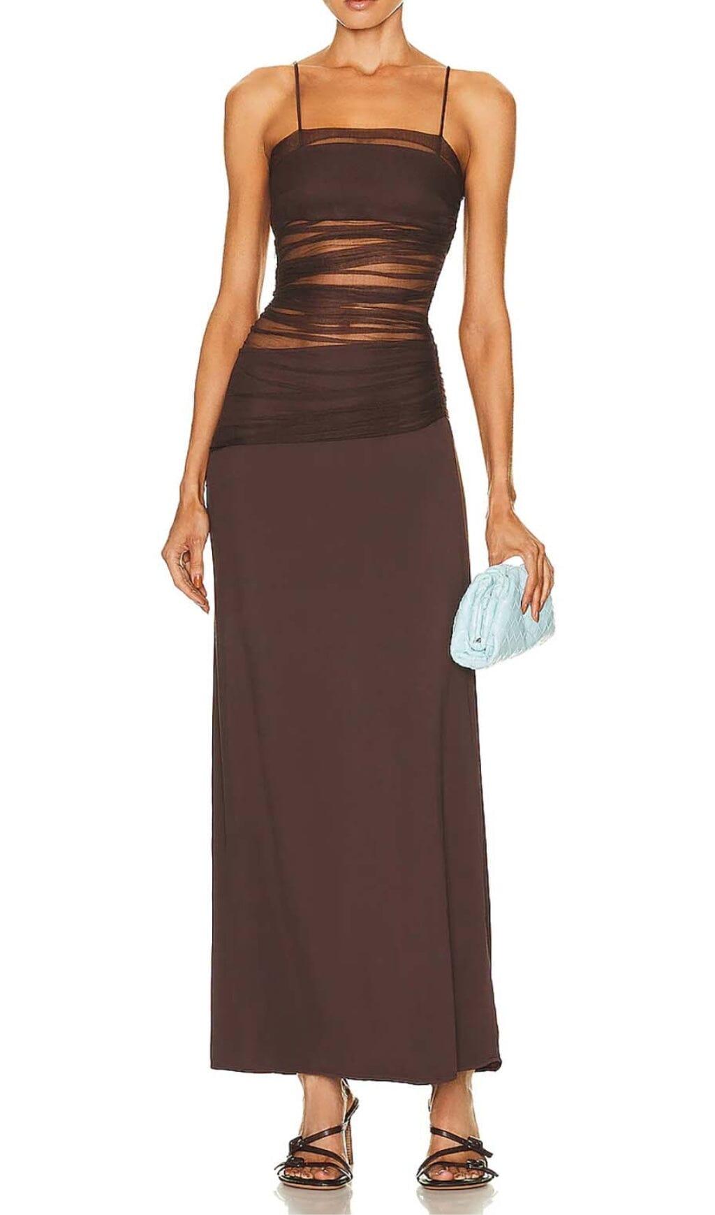 STRAPPY MESH MAXI DRESS IN BROWN