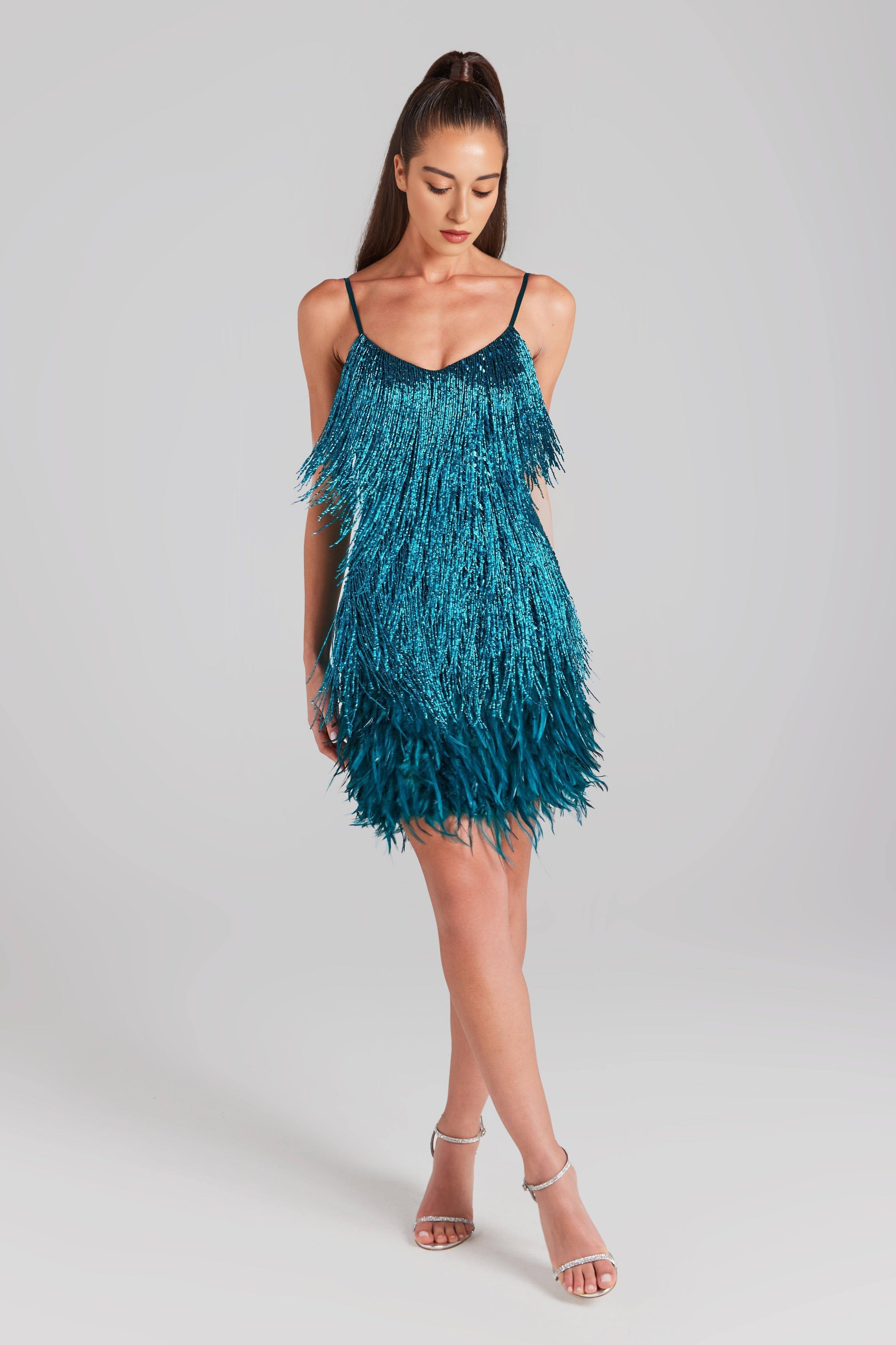 TASSEL FEATHER MINI DRESS IN EMERALD