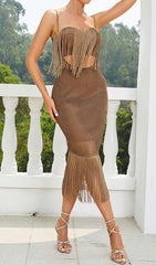 TASSEL MESH MIDI DRESS IN BROWN