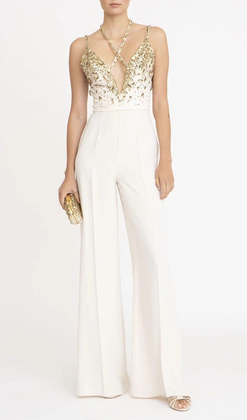 V-NECK SEQUIN HALTER JUMPSUIT IN WHITE