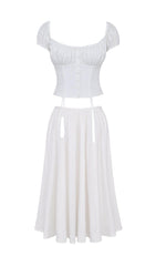 WHITE GATHERED MIDI SET DRESS