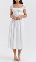 WHITE GATHERED MIDI SET DRESS