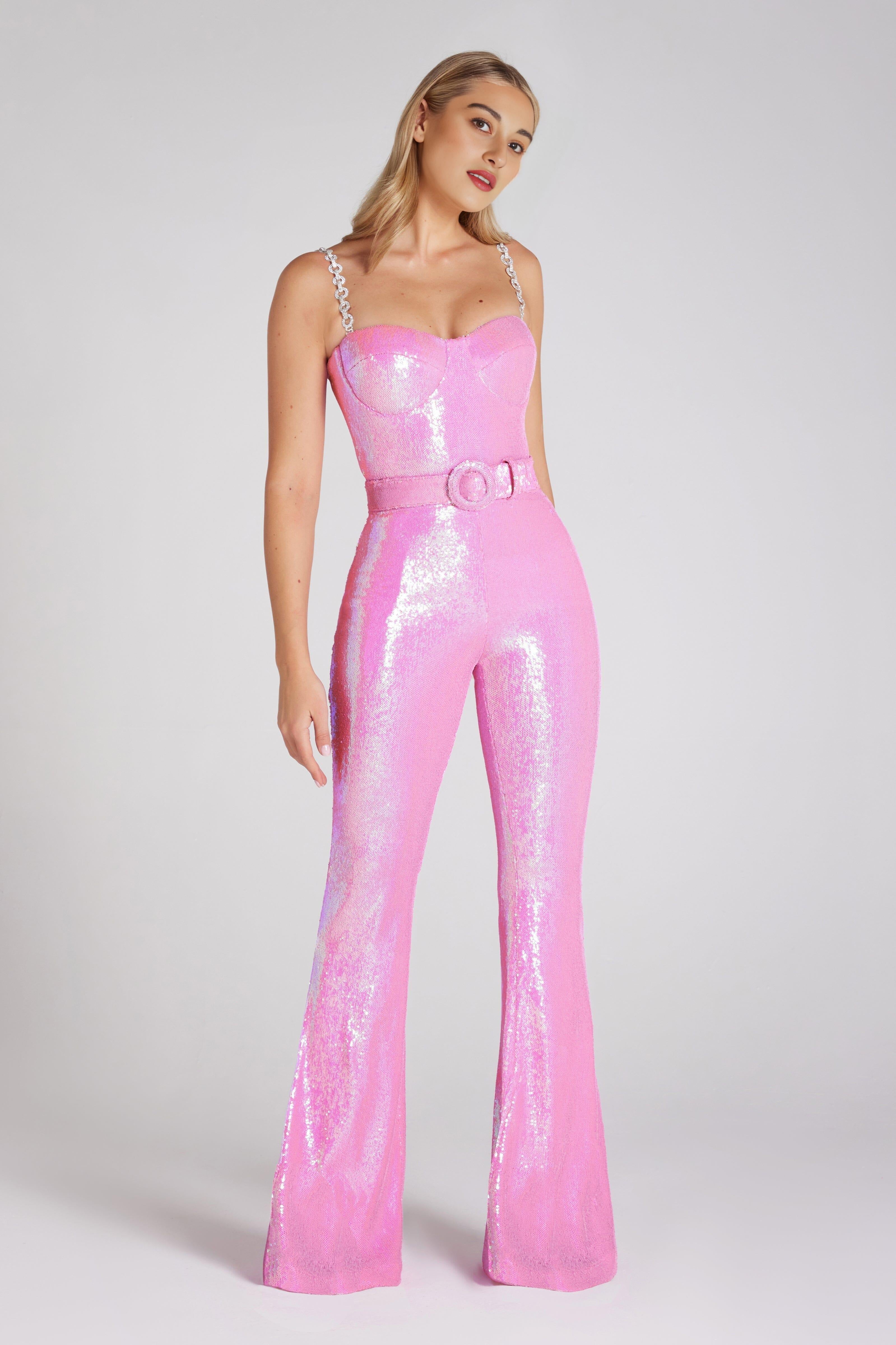 BELT SEQUIN JUMPSUIT IN PINK