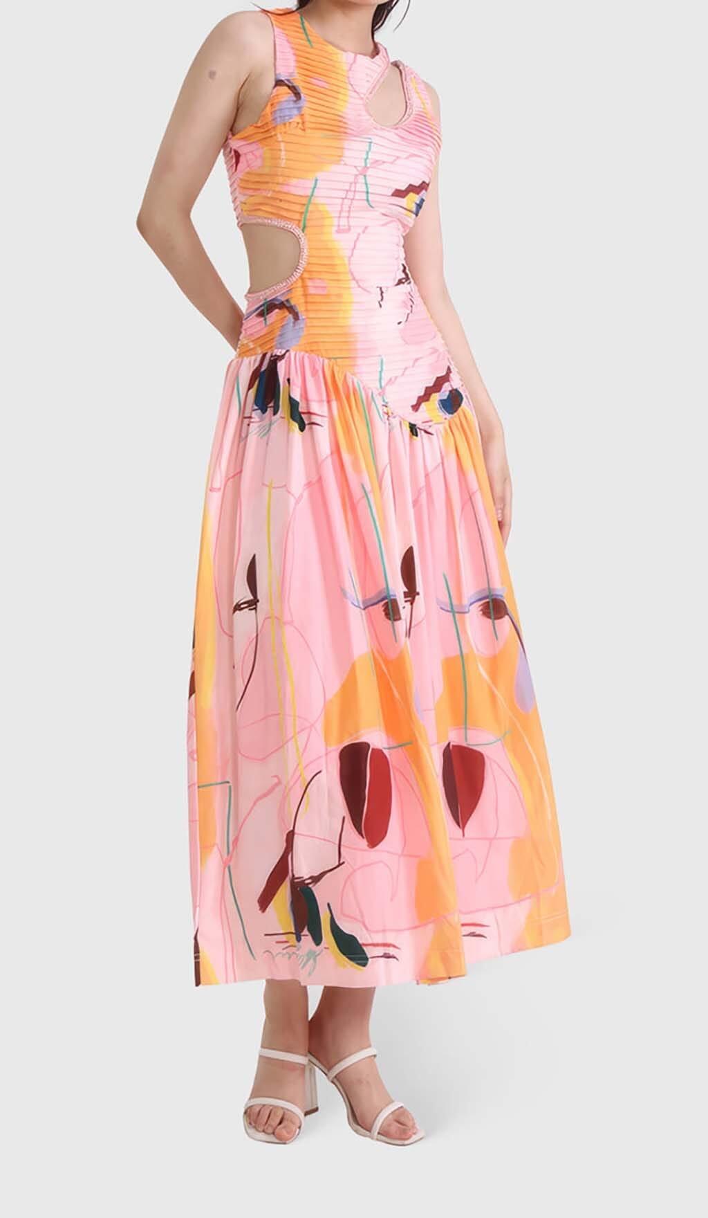 CUT OUTS ROUND NECK MIDI DRESS IN MULTICOLOR