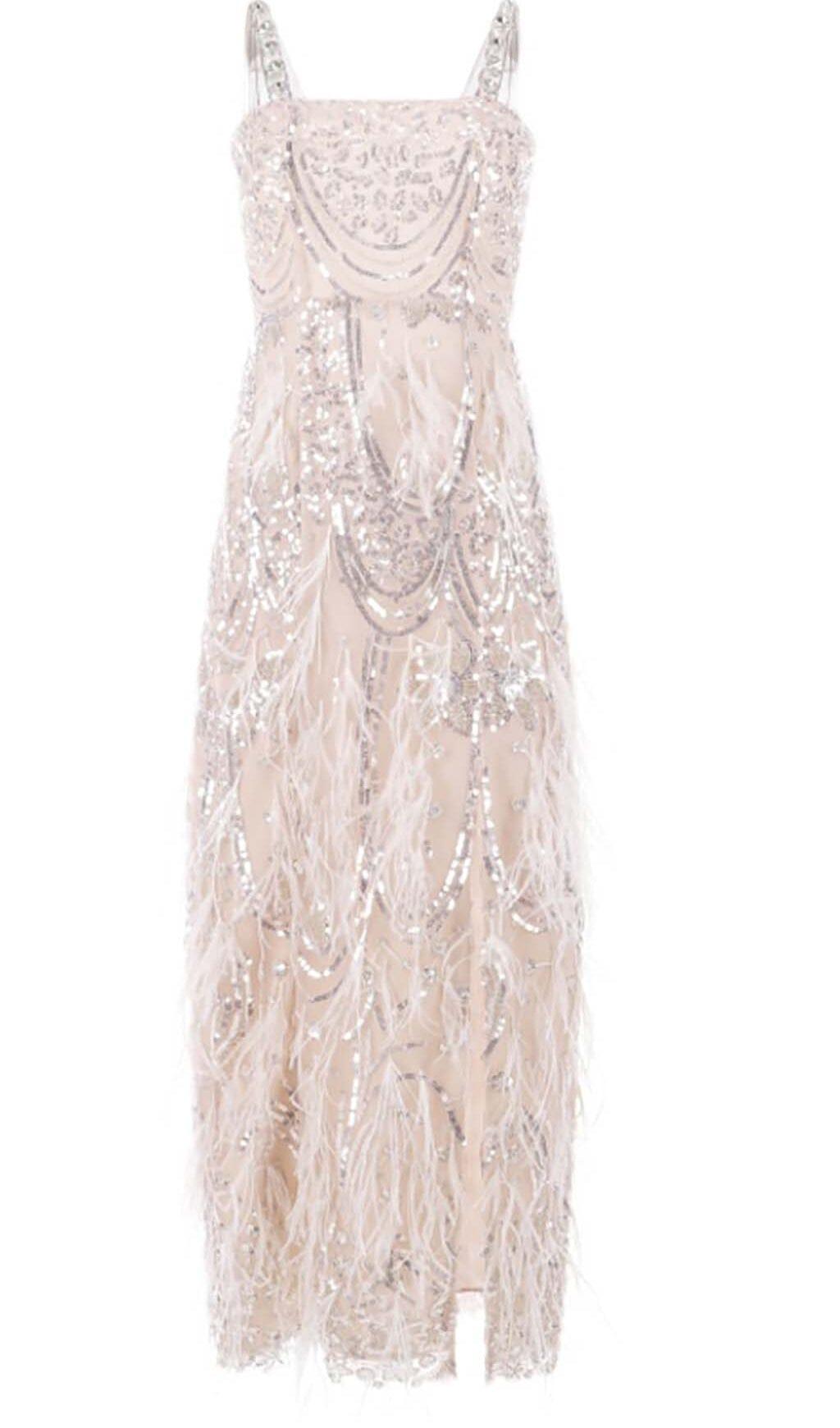 EMBROIDERED FEATHER CRYSTAL MIDI DRESS IN WHITE