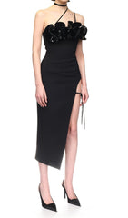 FLOWER SLEEVELESS WOOL CREP MIDI DRESS IN BLACK