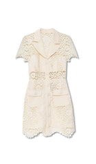 GUIPURE LACE FLAP POCKETS JACKET DRESS IN WHITE