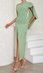 ONE SHOULDER SLIT MAXI DRESS IN PALE GREEN