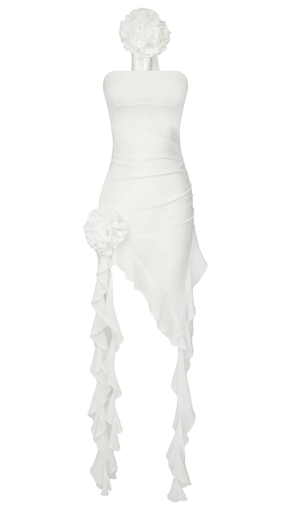 RUFFLE ROSETTE MESH MIDI DRESS IN WHITE