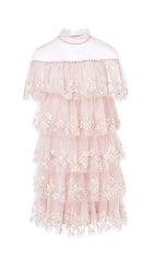 TIERED LACE TRIM MIDI DRESS IN PINK