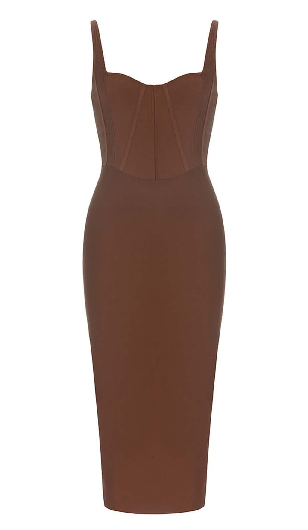 WAIST-TIGHTENING CORSET MIDI DRESS IN BROWN