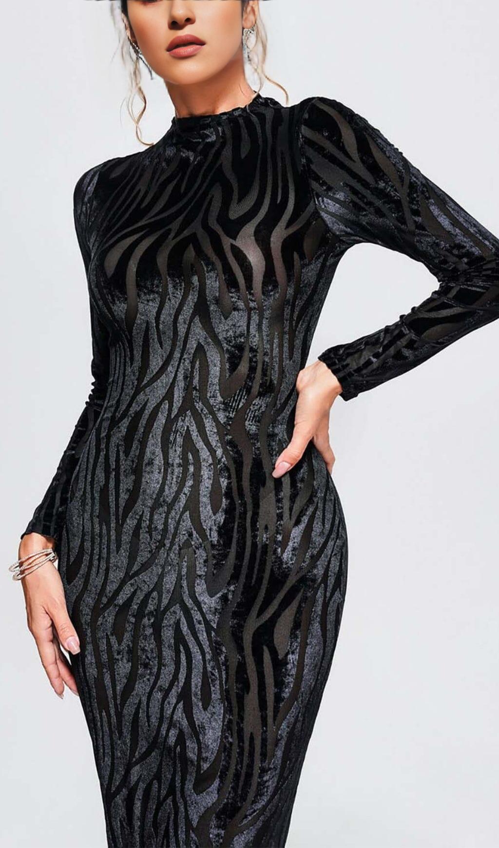 ZEBRA-PATTERN LONG-SLEEVED MIDI DRESS IN BLACK