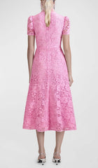 FLARED-HEM LACE MIDI DRESS IN PINK