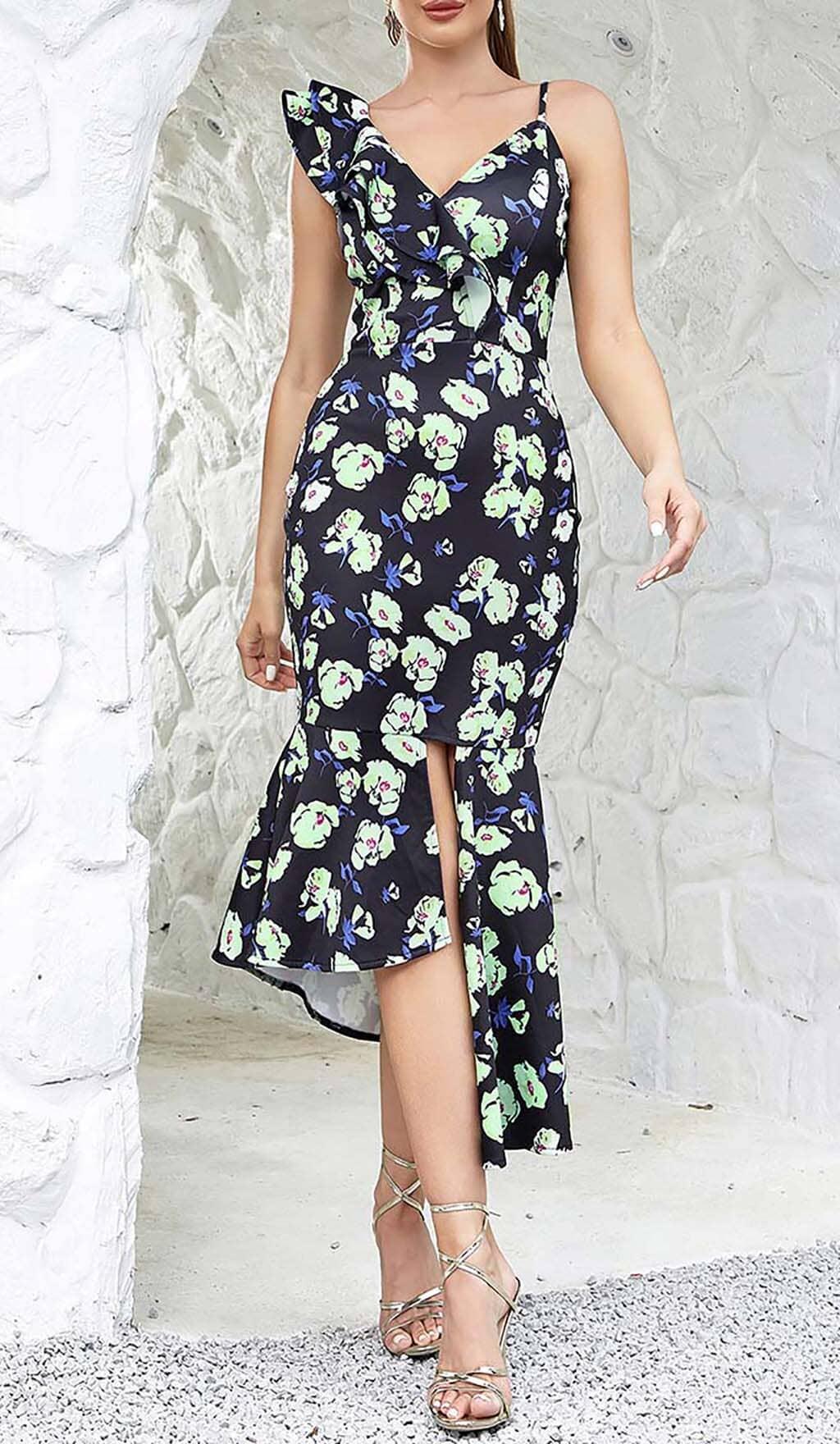 FLORAL PRINT RUFFLES MIDI DRESS