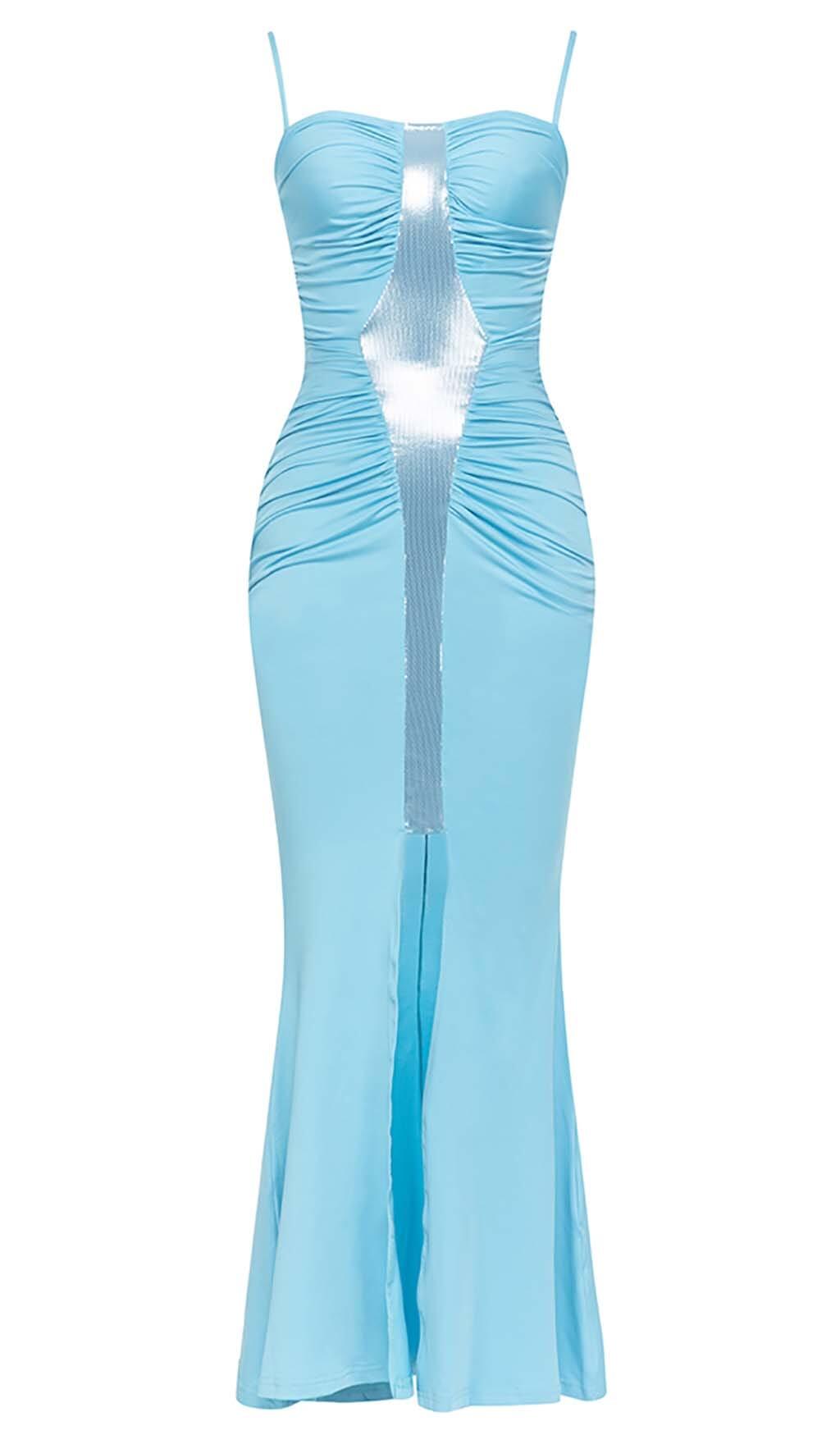 SPAGHETTI STRAP SLIT MIDI DRESS IN BLUE