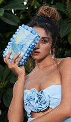 ACRYLIC BEADED CLUTCH IN BLUE