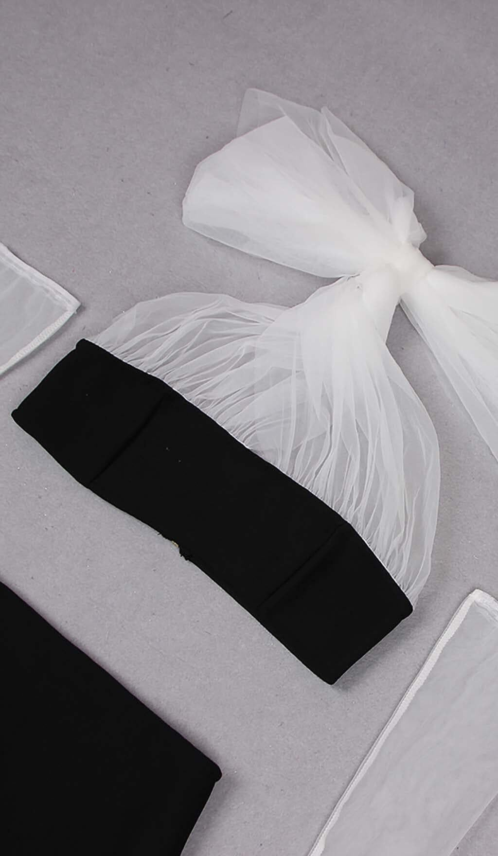 LEATHER BANDEAU CROSSOVER TULLE TWO PIECE IN BLACK