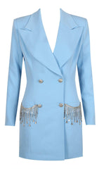 V-NECK BOTTOM JACKET DRESS IN BLUE