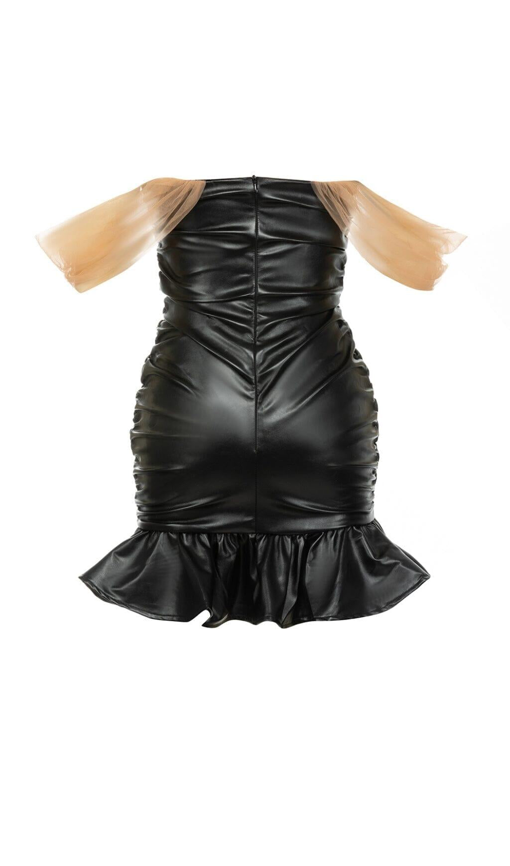 STRAPLESS LEATHER MINI DRESS IN BLACK