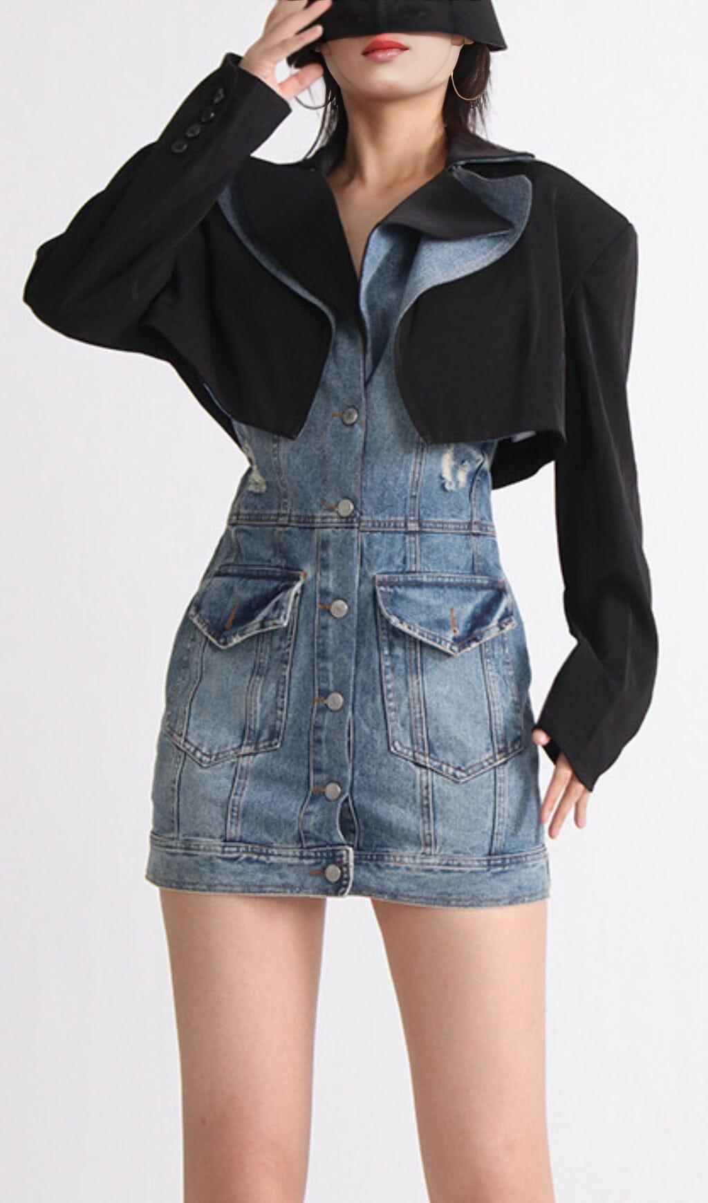 SUIT COLLAR PATCHWORK DENIM TWO-PIECE SUIT