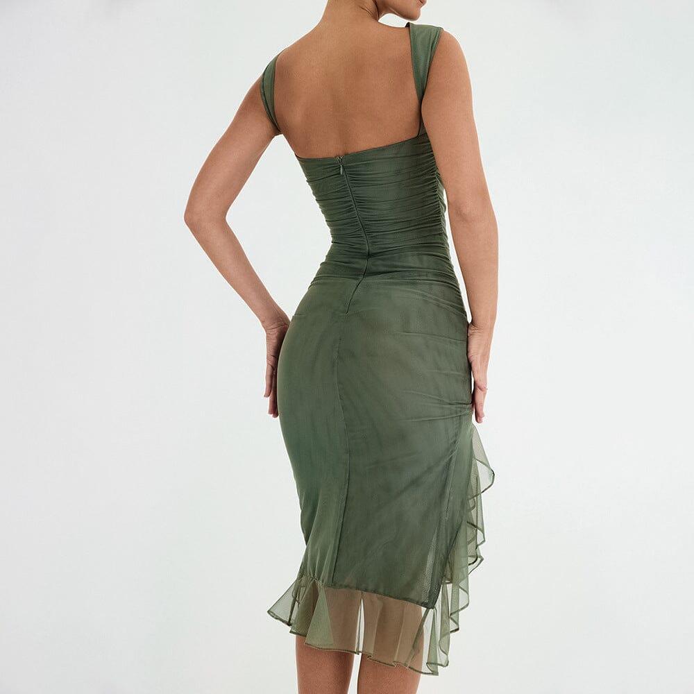 RUCHED IRREGULAR CORSET DRESS IN GREEN