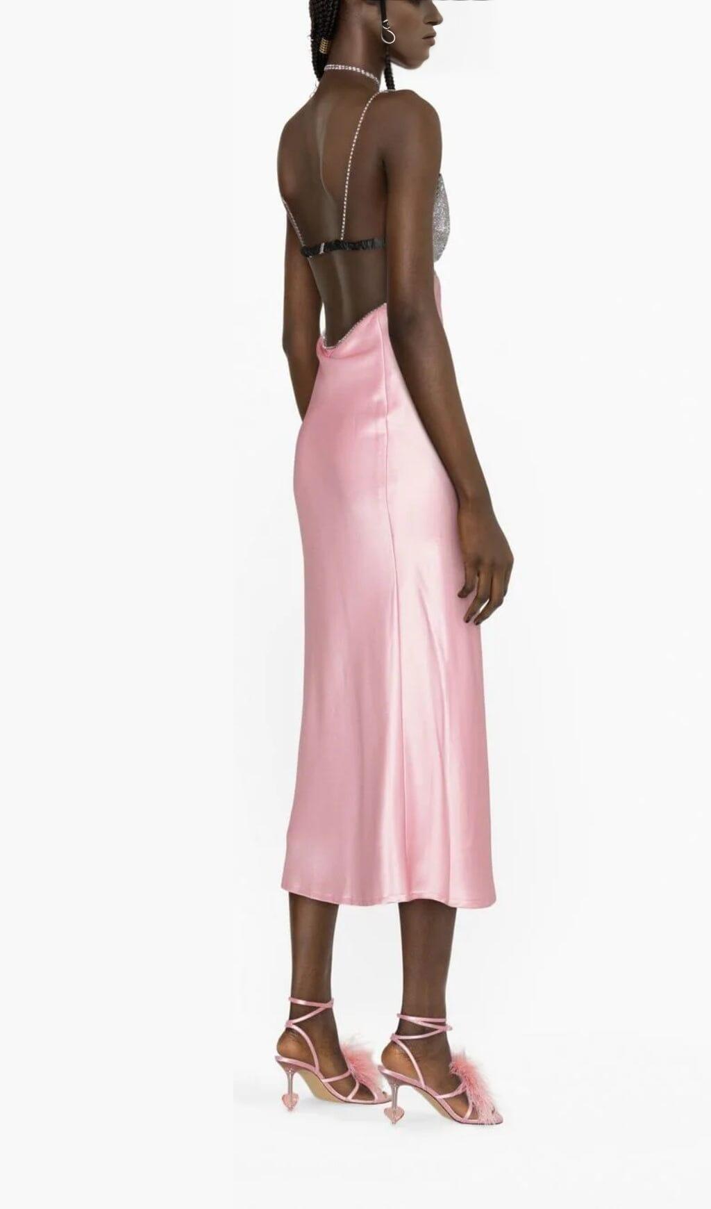 CRYSTAL-EMBELLISHED SLIP MIDI DRESS IN PINK