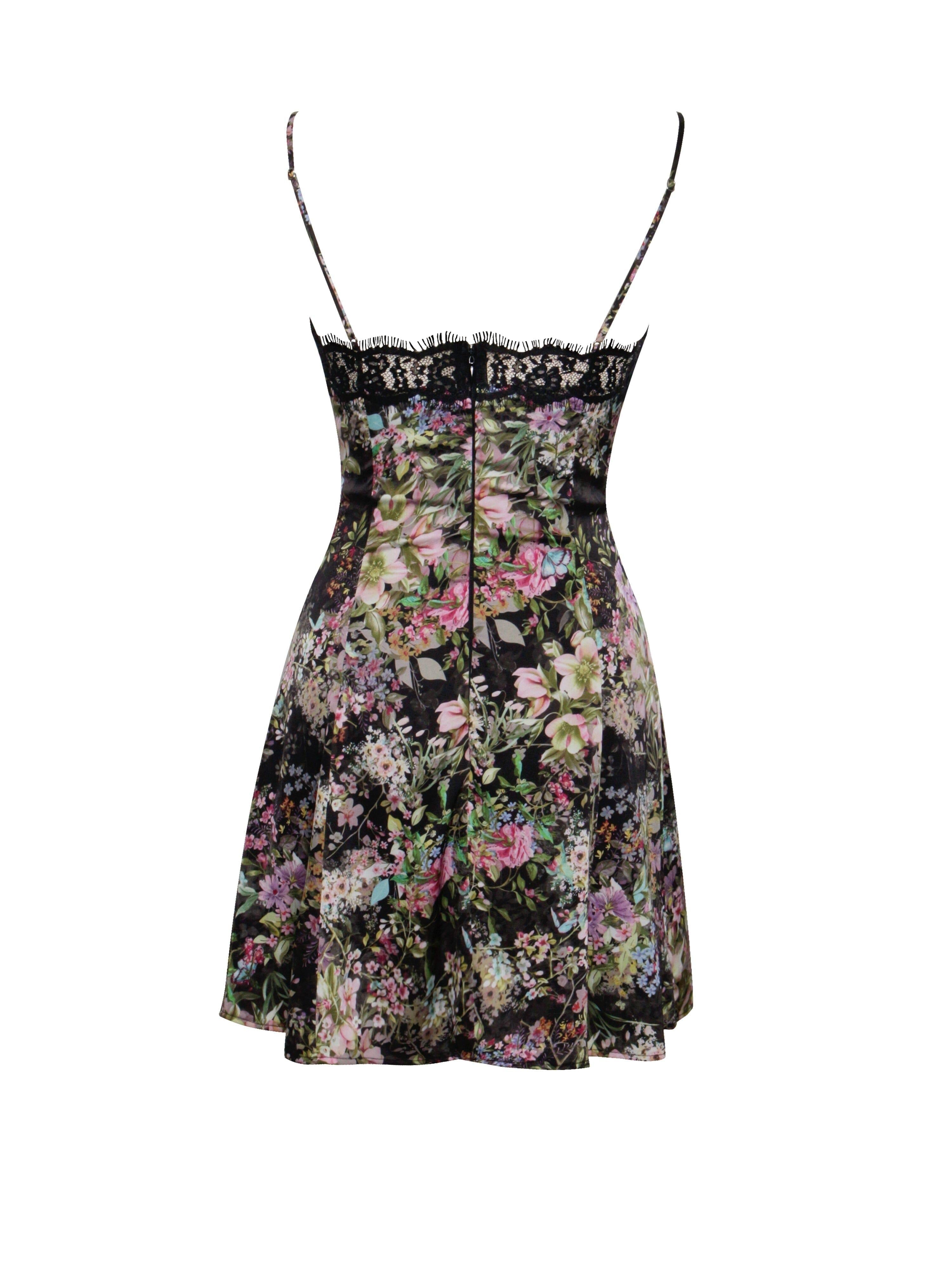 FLORAL PRINT SATIN MINI DRESS WITH LACE TRIM