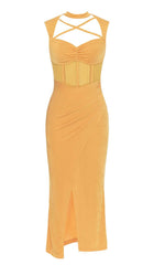 HALTER BANDAGE MIDI DRESS IN YELLOW