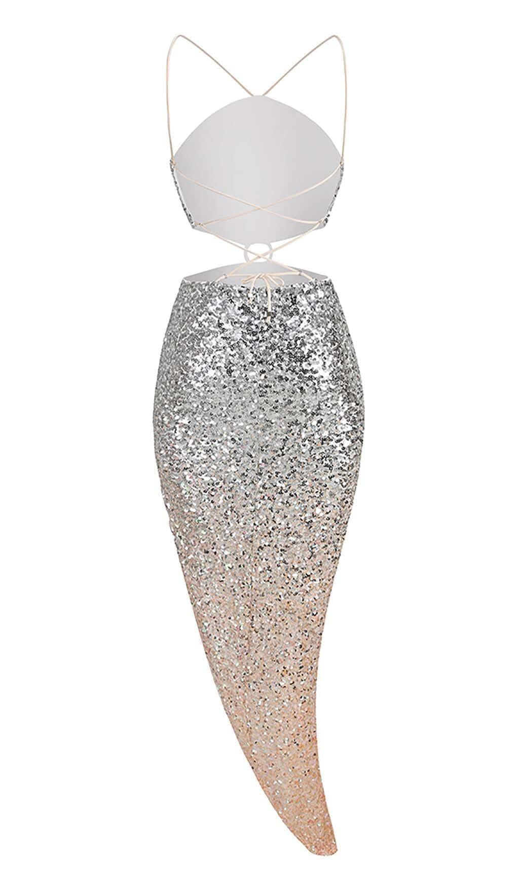 HALTER SEQUIN MIDI DRESS IN METALLIC SLIVER