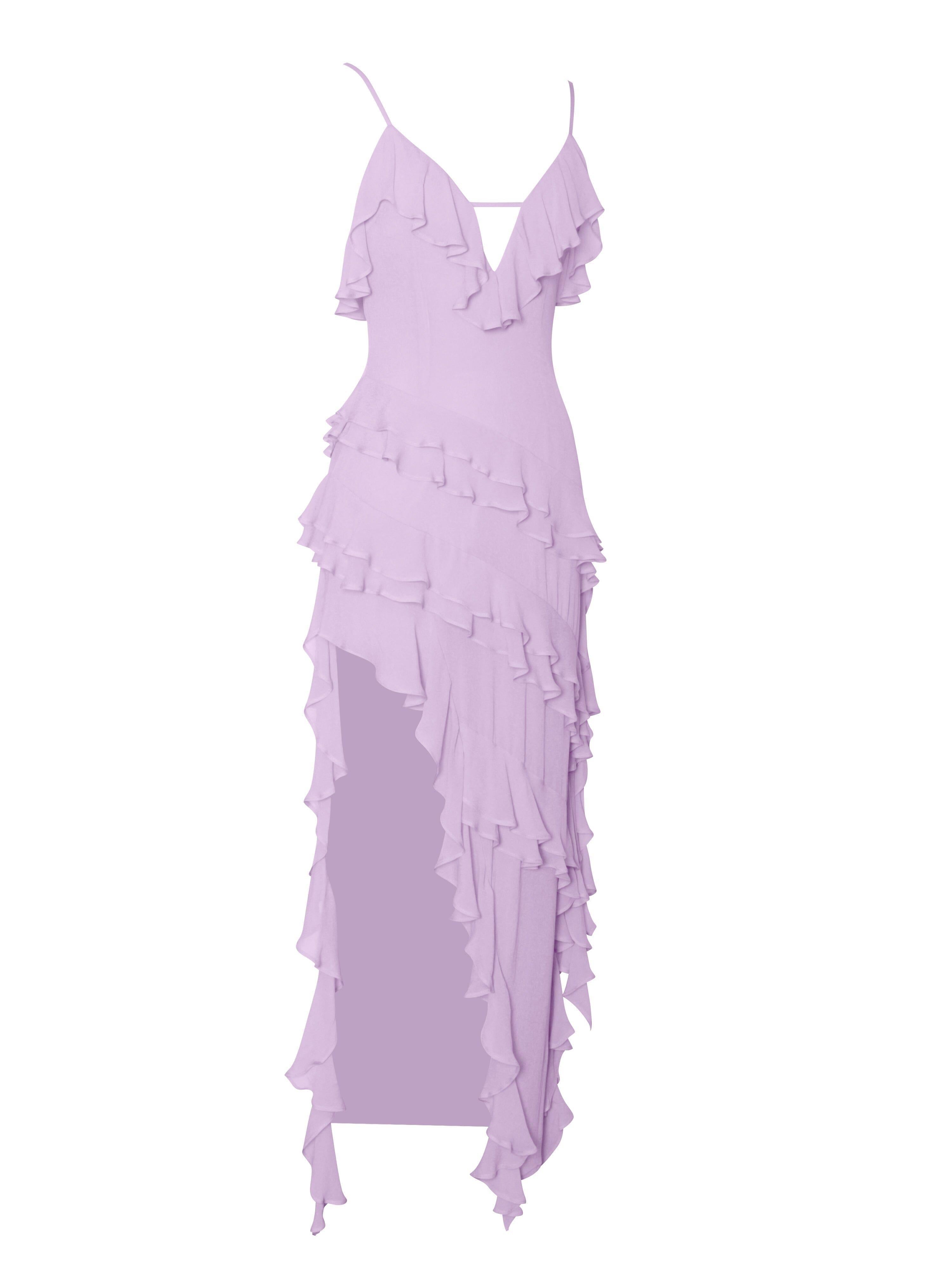 LILAC RAYON RUFFLE MAXI DRESS