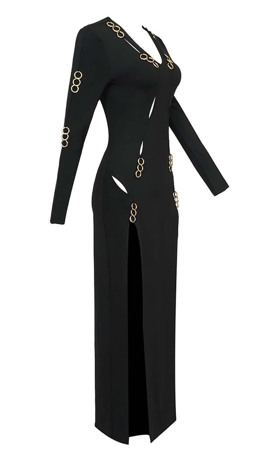 LONG SLEEVE EMBELLISHED MAXI DRESS IN BLACK