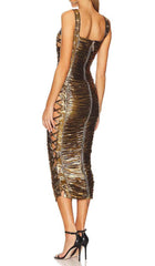 RUCHED METALLIC MIDI DRESS IN GOLD