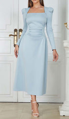 SQUARE NECK FLARED MIDI DRESS IN PASTEL BLUE