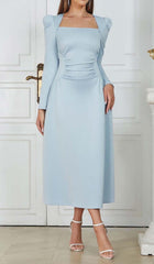 SQUARE NECK FLARED MIDI DRESS IN PASTEL BLUE