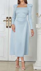 SQUARE NECK FLARED MIDI DRESS IN PASTEL BLUE