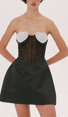 STRAPLESS HEART BUSTIER MINI DRESS IN BLACK