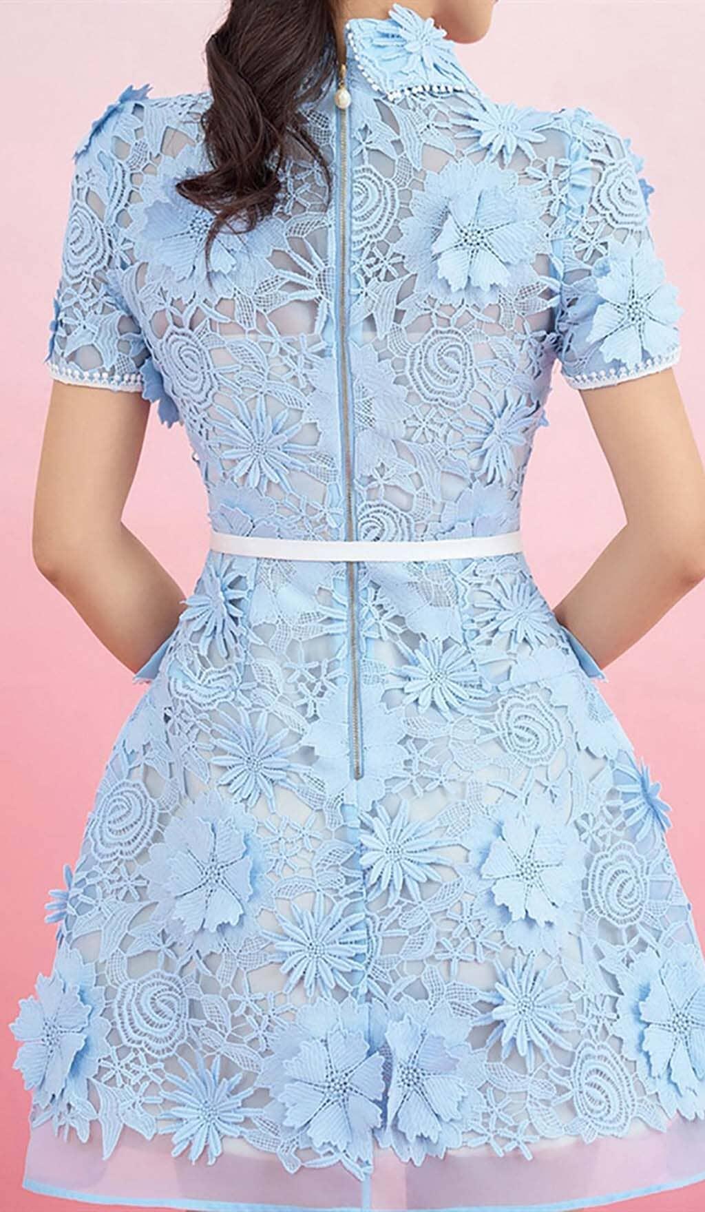 A-LINE FLORAL EMBROIDERY MINI DRESS IN BLUE