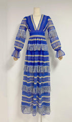 DEEP V TASSEL BLOUSON SLEEVES MAXI DRESS IN BLUE