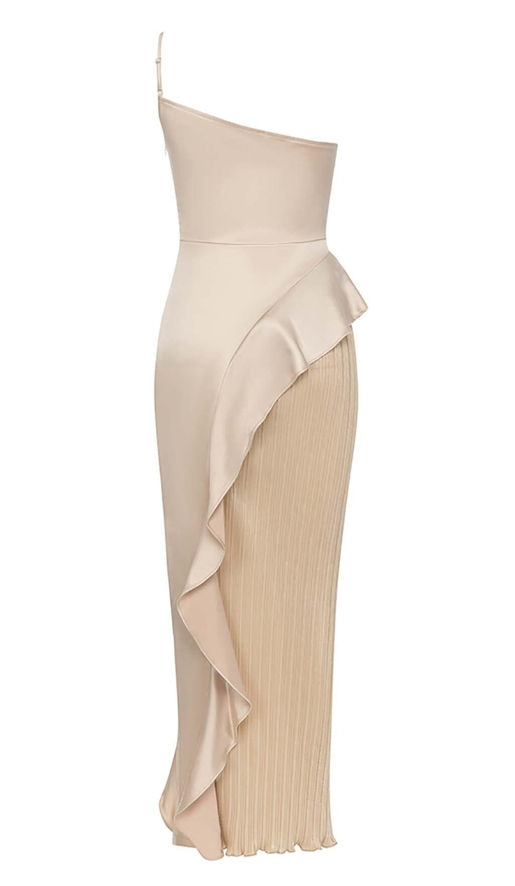 RUFFLED PLATED MAXI DRESS IN KHAKI