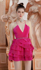 SPAGHETTI STRAPS TIERED MINI DRESS IN HOT PINK