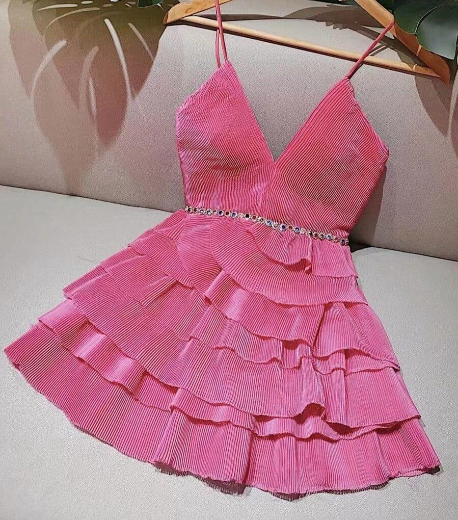 SPAGHETTI STRAPS TIERED MINI DRESS IN HOT PINK