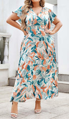 TROPICAL PRINT BUTTERFLY SLEEVE MIDI DRESS IN MULTI COLOR