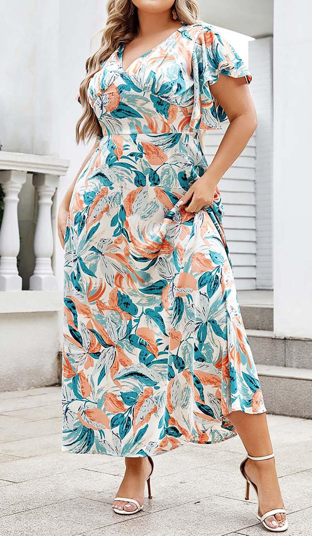 TROPICAL PRINT BUTTERFLY SLEEVE MIDI DRESS IN MULTI COLOR