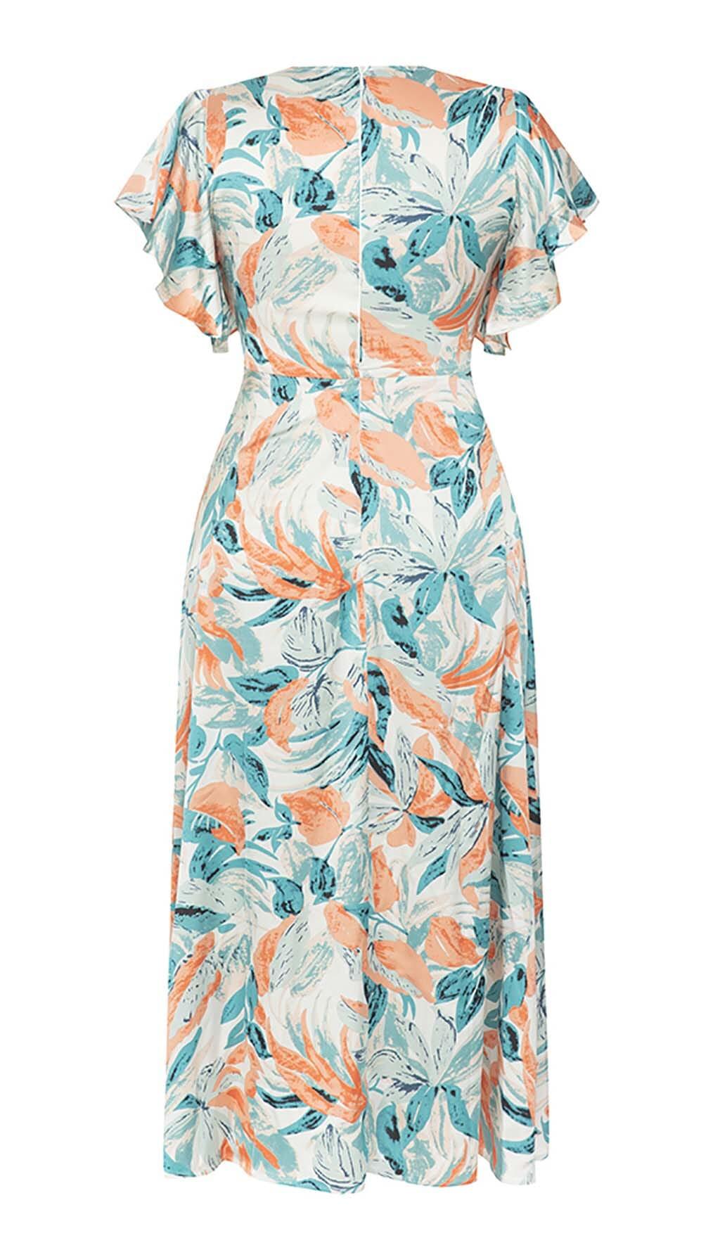 TROPICAL PRINT BUTTERFLY SLEEVE MIDI DRESS IN MULTI COLOR