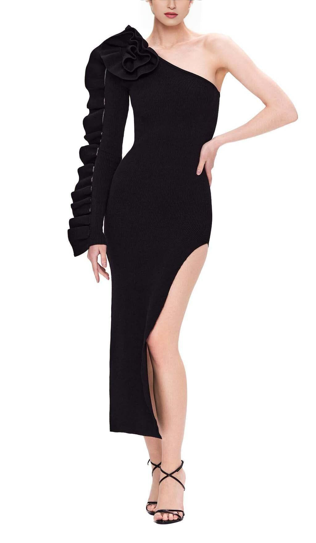 ASYMMETRIC ONE SLEEVE MIDI DRESS IN BLACK