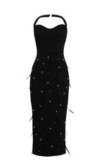 FEATHER RHINESTONES BODYCON MIDI DRESS IN BLACK