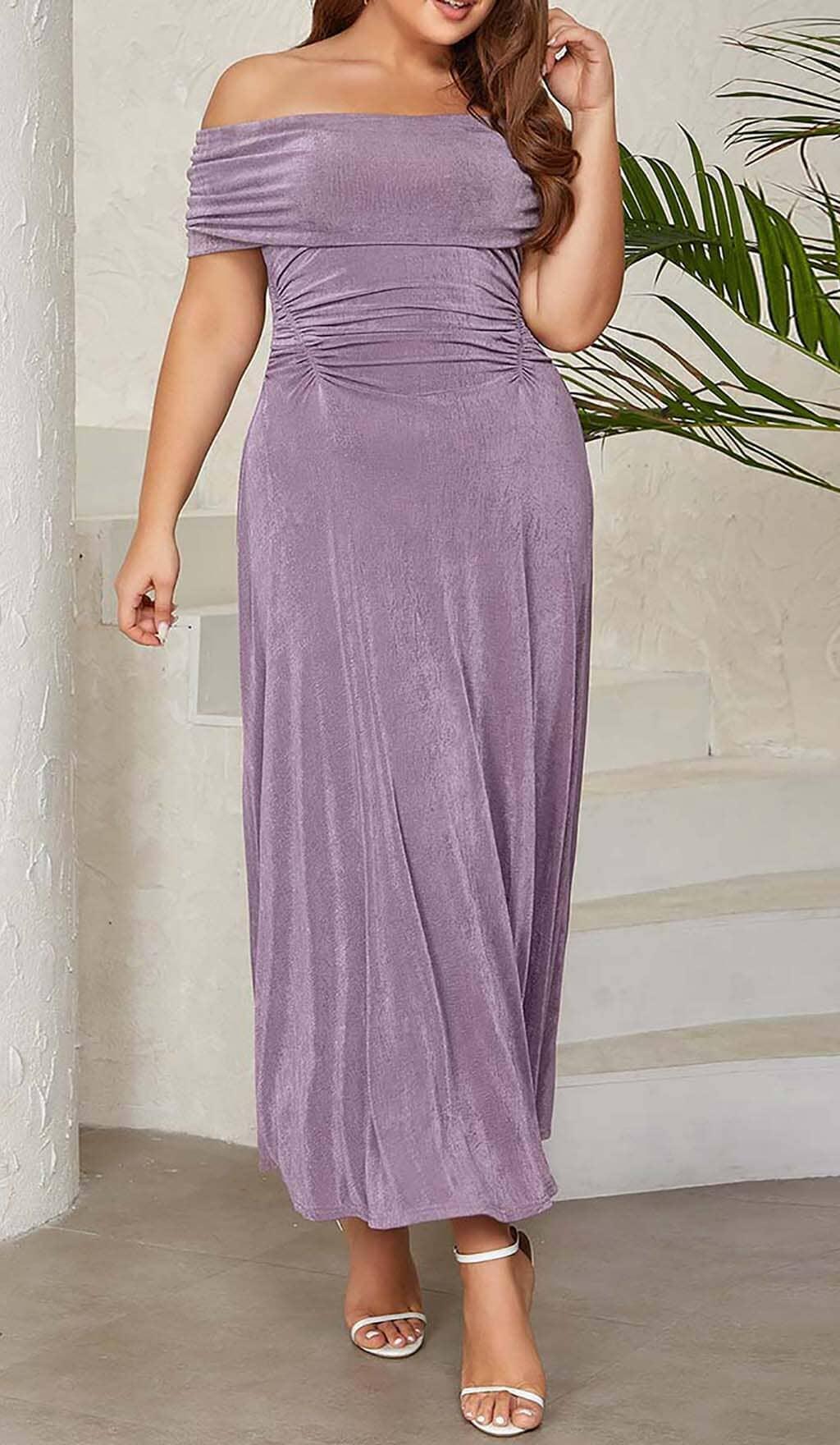 PLUS OFF SHOULDER MIDI DRESS IN PURPLE