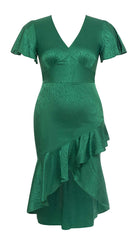 RUFFLE TRIM WRAP MIDI DRESS IN GREEN